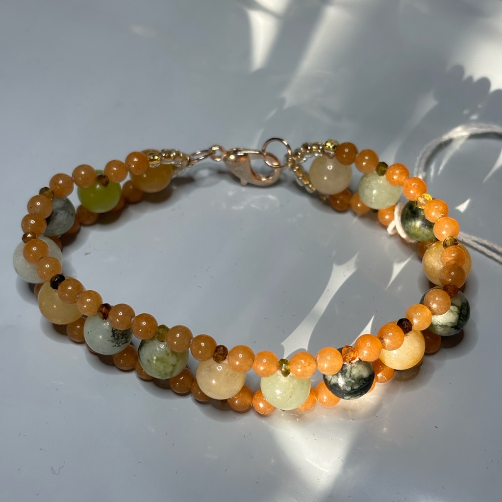 Hand Crafted Bracelet Genuine Jade Orange Aventurine And Tourmaline Beads